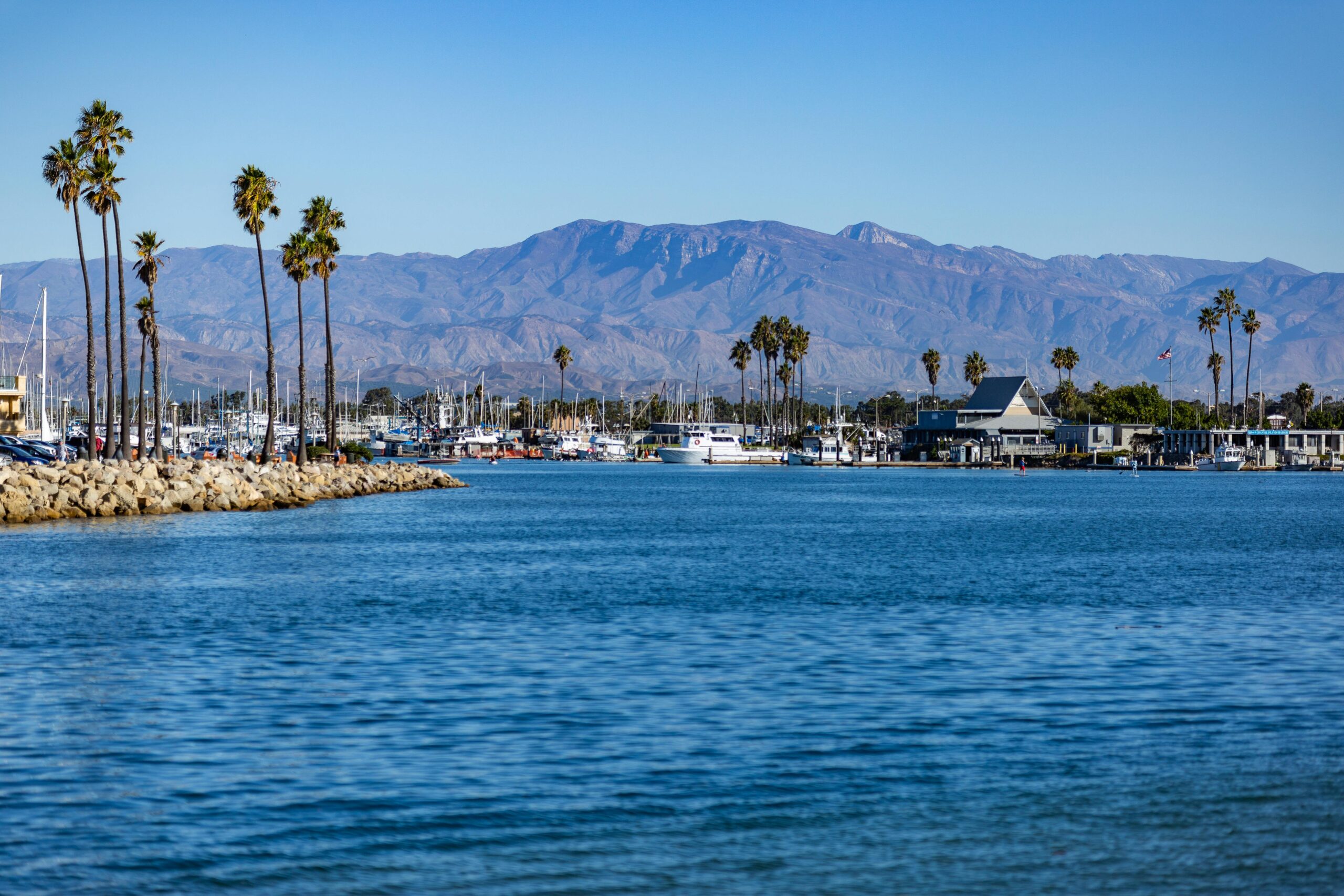 Calm Southern California harbor with palm trees, boats, and mountains in the distance, representing a peaceful setting for medical detox and recovery at North Star Treatment.